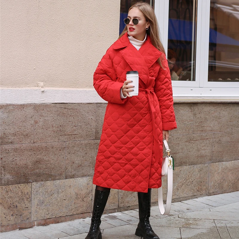 Ardm Elegant Quilted Belt Winter Jacket for Women 2022 Super Hot Lapel Long Coat Green Loose Warm Plaid Top Casual Coats Female