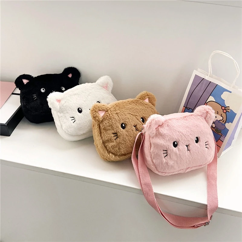 Baby Girls Cartoon Cat Crossbody Bags Cute Soft Plush Children's Shoulder Bag Winter Fashion Boys Kids Furry Handbags Coin Purse