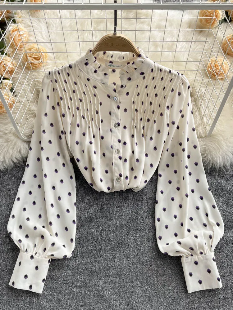 

Women 2022spring new polka dot stand-up collar pleated lace neckline bubble long-sleeved age-reducing chiffon shirt female D0729