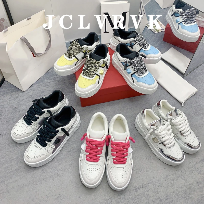 

JCLVRVK New in Women Fuchsia Studs Lace up Sneakers White Chunky Platform Sports Shoes 2023 Summer Luxury Designer Highten Shoe