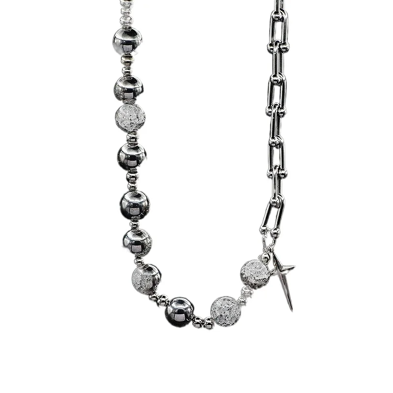 

Star Mountain White Yao Bing Cracked Jade Beads Titanium Steel Spliced Necklace Male High Sense Light Luxury Minority Hip-hop