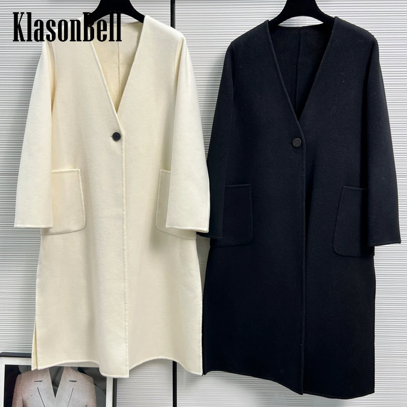 

10.23 KlasonBell Luxury Temperament V-Neck Single Button Side Split Double-Siede Wool Cashmere Loose Coat Women's