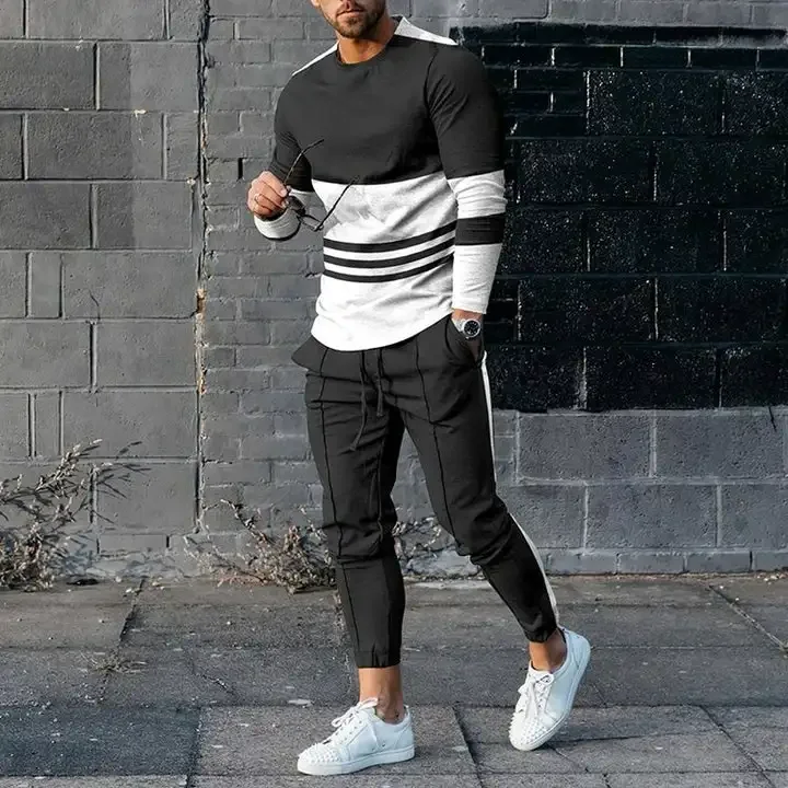 Мужские футболки и брюки с длинным рукавом синие комплекты из двух предметов