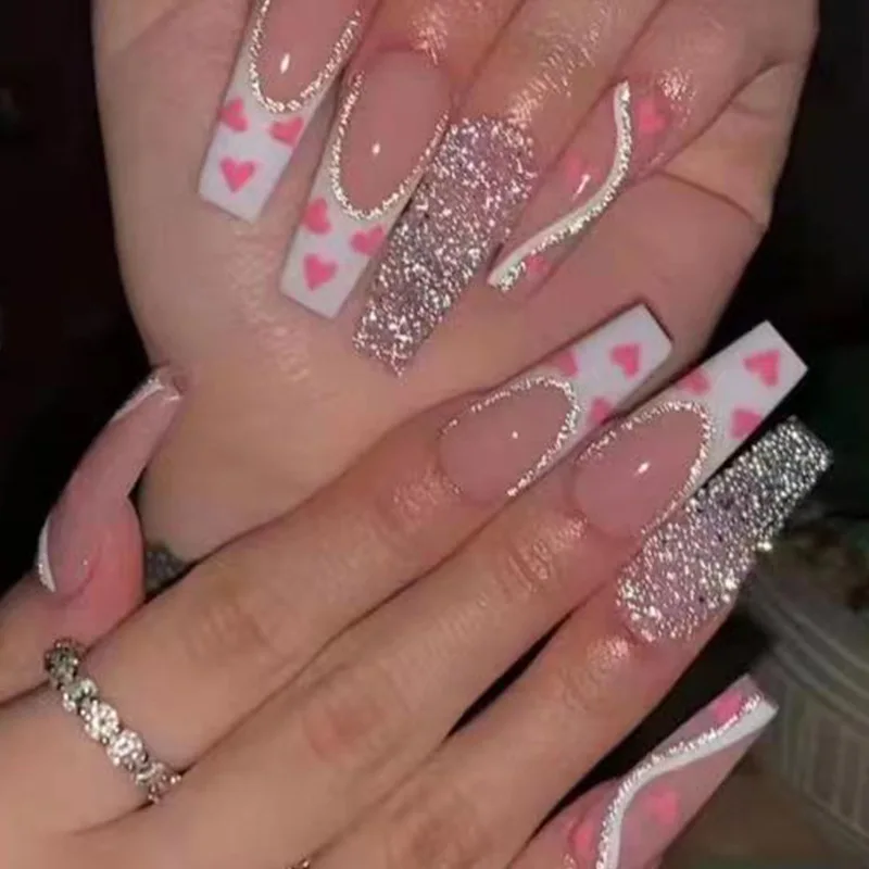 

W097 French Fake Nails Set Press on Dipping Powder Faux Ongles with Sweetie Designs XL Length