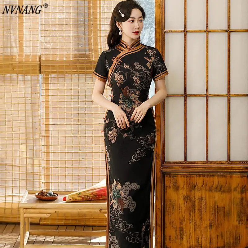 

Nvnang Chinese Cheongsam, Spring and Autumn New Black Chinese Style Slim-Necked Short-Sleeved Cheongsam Women Show Chinese Style