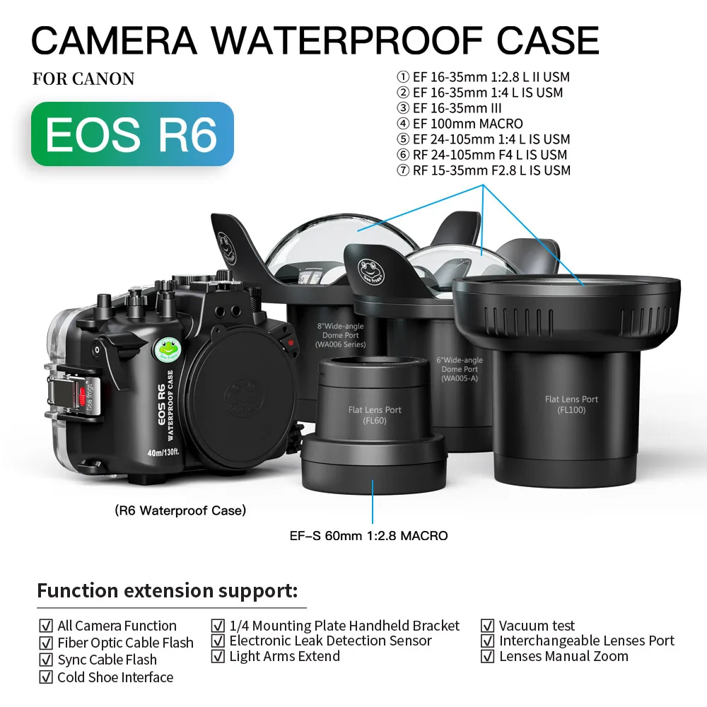 Фото Seafrogs Professional 40-метровый корпус для подводной фотографии Quipments для дайвинга для Canon EOS R6 со стеклянным куполом «рыбий глаз» №5