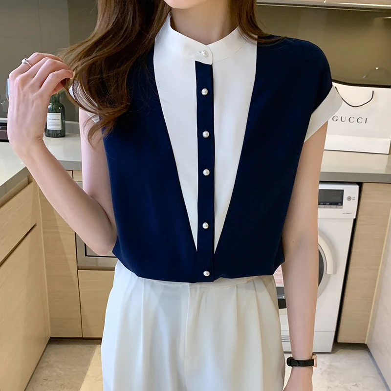 Женская шифоновая блузка с коротким рукавом и воротником-стойкой - купить по