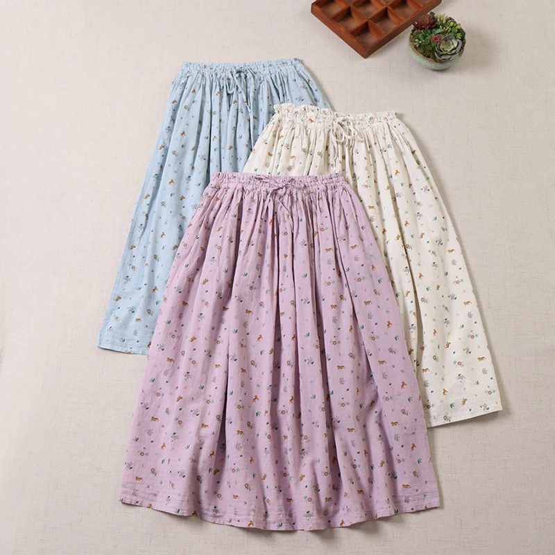 

Japanese Style Mori Girl Floral Print Skirt Loose Elastic Waist Cotton Linen Women Skirts