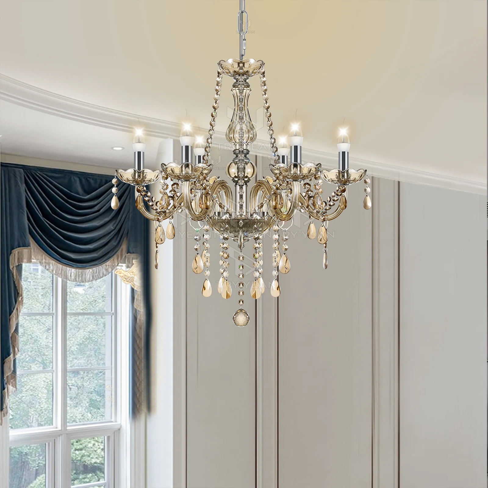 

TRY-YEAN 6arms Crystal Chandelier Cognac For Living Room Bedroom Dining Room Hanging Lamp Lobby Suspension Luminaire Lighting