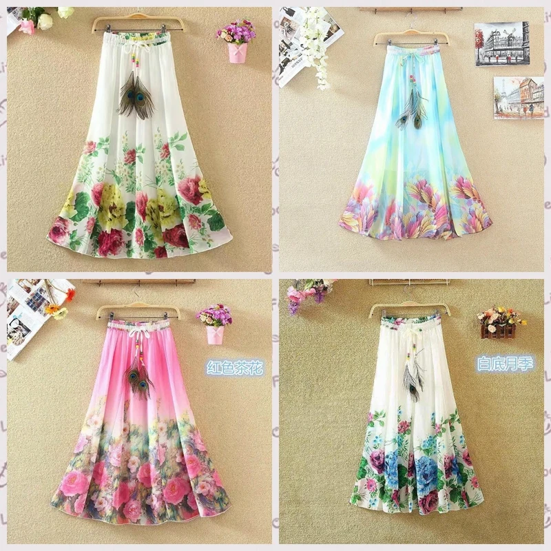 

Юбка женская шифоновая трапециевидная с цветочным принтом, элегантная уличная пляжная миди-юбка с эластичным поясом в стиле бохо, Милый Винтажный наряд на лето