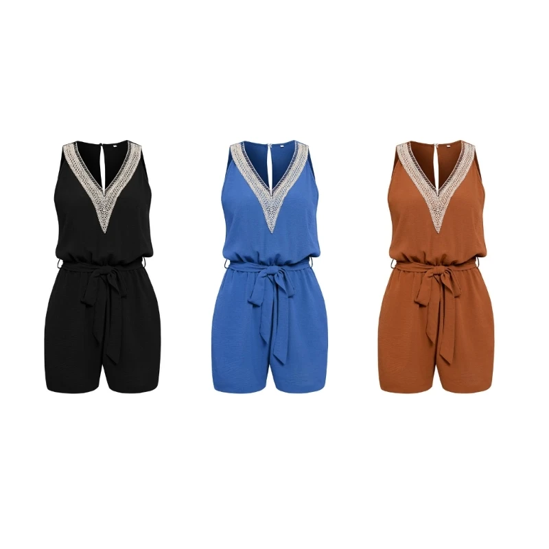 

Womens Sleeveless V-Neck Belted Jumpsuits Back Keyhole Top Shorts Rompers