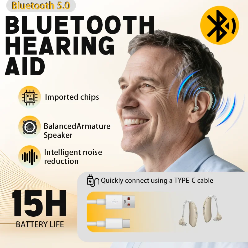 Фото Новые Bluetooth-слуховые аппараты BTE для людей с нарушениями слуха, перезаряжаемые, удобные в использовании, с шумоподавлением, усилители слуха для пожилых людей. №1