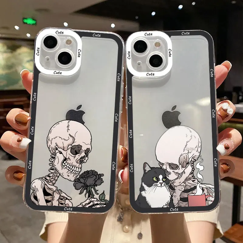 

Luxury Funny Cute Skeleton Skull And Cat Clear Case for iPhone 12 SE2 7 8 Plus 14 13 11 Pro Max X XS XR Transparent Back Covers