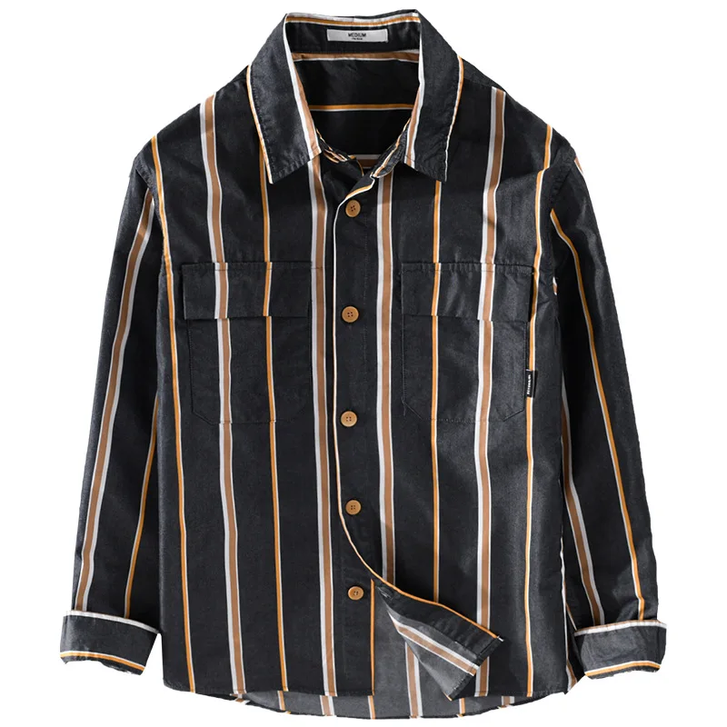 Рубашка мужская в стиле Харадзюку, чистый хлопок, с длинными рукавами, на пуговицах, с карманами, в полоску, рабочая одежда, весна-осень 2022