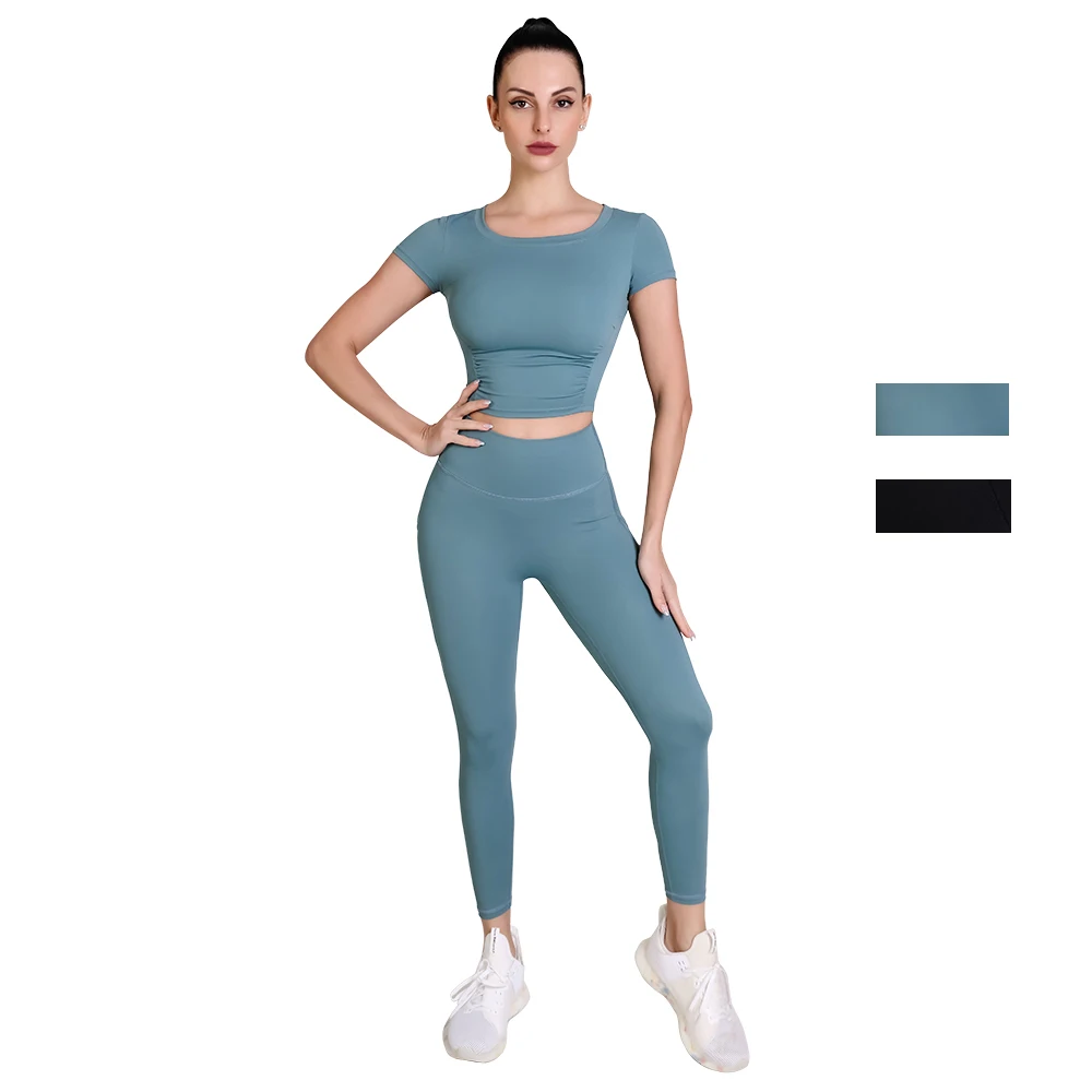 

Комплект для йоги, обтягивающие леггинсы, спортивная одежда, плиссированный топ с коротким рукавом, тренировочные костюмы для женщин, спорт...