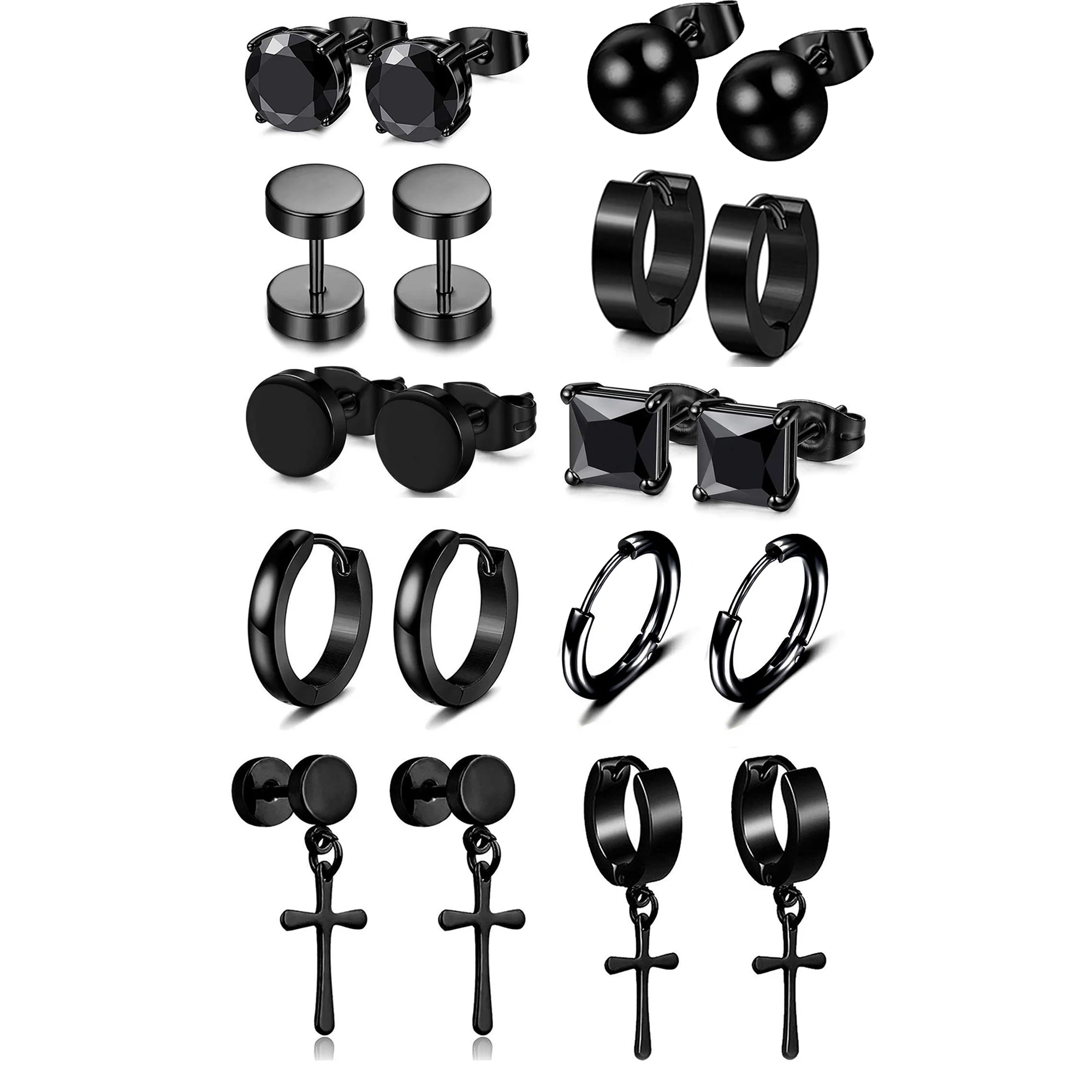 

10 Pairs Different Types Shape Unisex Black Color Stainless Steel Piercing Earring For Women Men Punk Gothic Barbell Earring