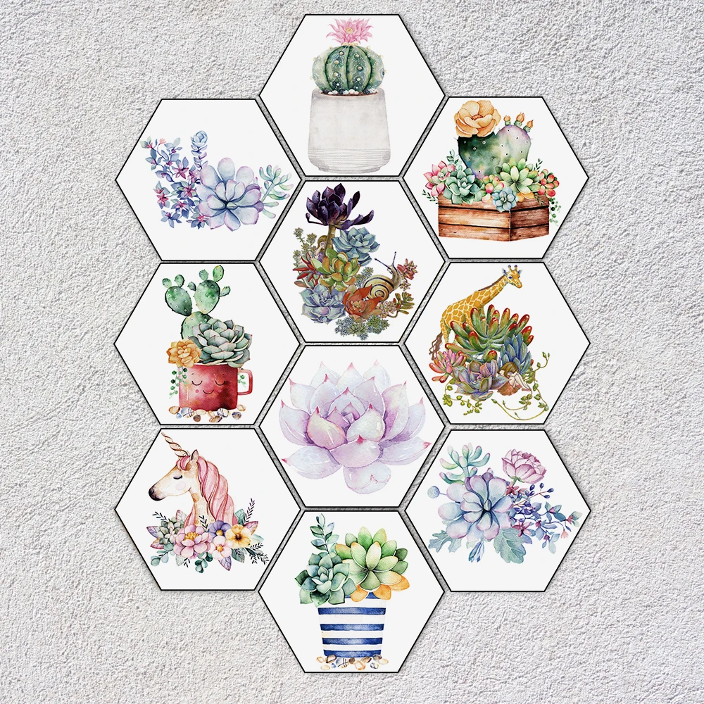 10 stücke Kaktus Pflanze Muster Hexagon Fliesen Wand Boden Aufkleber Küche Bad TV Sofa Wand Home Decor Peel & Stick art Wall Decals