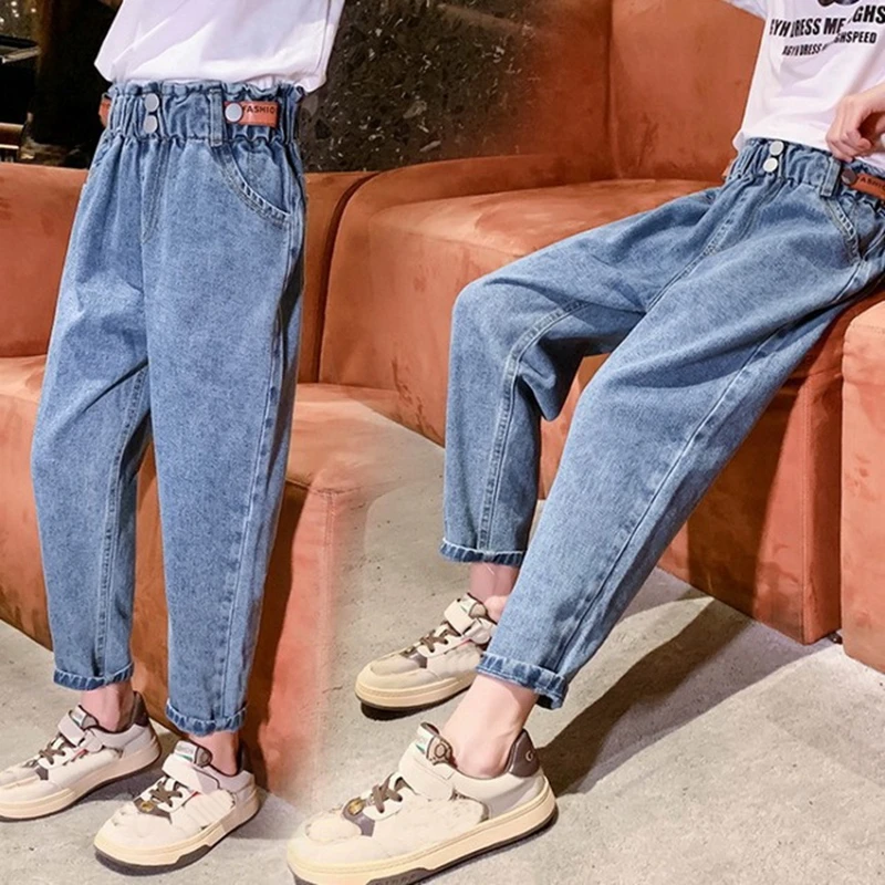 

Джинсы для девочек 4-12 лет, свободные брюки из денима, однотонные повседневные штаны, на осень