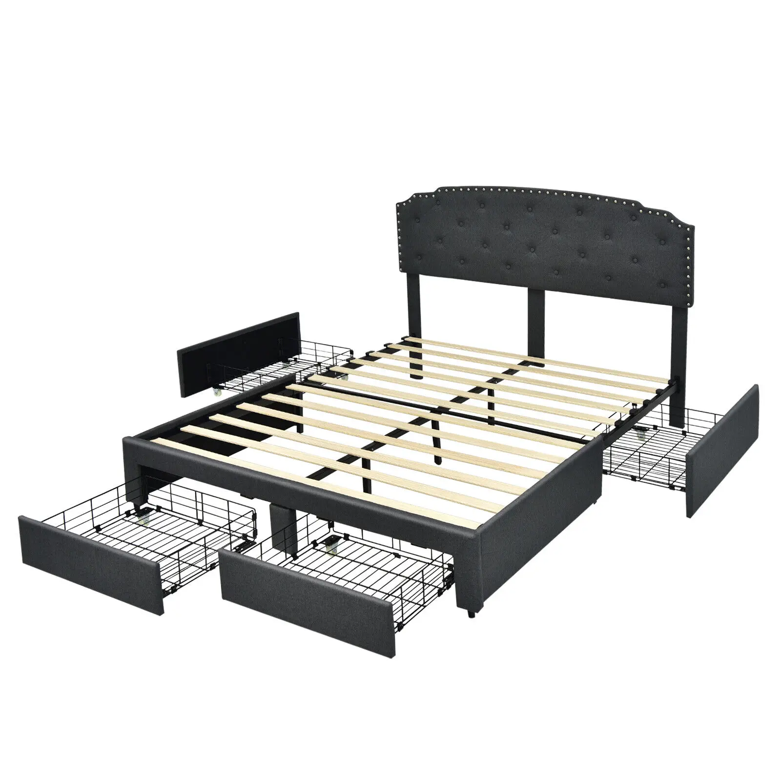 With 4 Storage Drawers Adjustable Headboard Grey