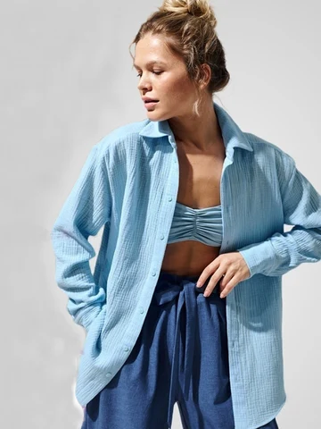 100% Cotton Casual Women's Shirt Loose Long Sleeve Solid Top 2023 Spring Summer Elegant Single Breasted Office Lady Crepe Shirts