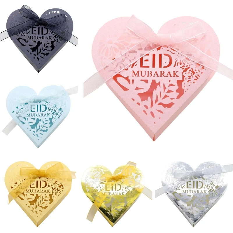 

50pcs Eid Mubarak Gift Candy Box Ramadan Decoration Hollow Heart Shape Chocolate Biscuit Cookie Boxes Wedding Party Favor Suppli