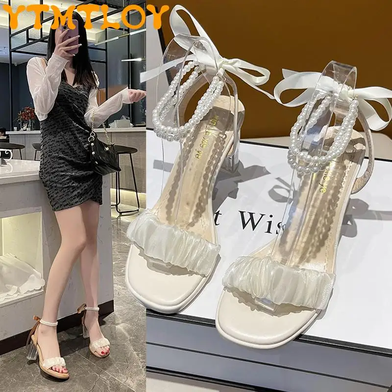 

2022 Summer New Soft Sole Sandals Women Pearl Suede Beige Open Toe High Heels Design Super Fire Sandals