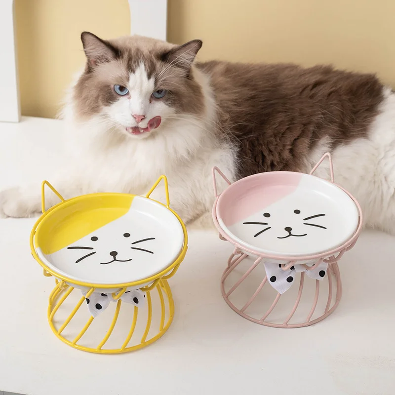

Cat Bowl Ceramic High-Foot Neck Guard Food Bowl Shallow Mouth Large Caliber Pet Food Bowl Garfield Special Flat Face Snack Bowl