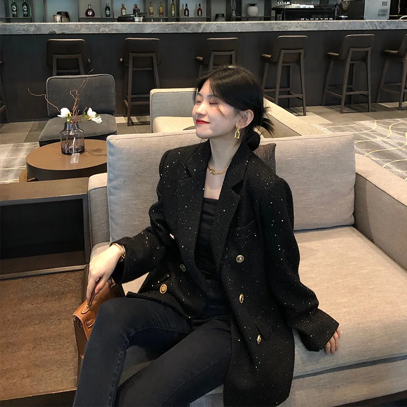 

Black Tweed Suit Jacket Women Clothes 2022 Spring Autumn Korean Fashion Double Breasted Warm Blazers Female Streetwear пиджак