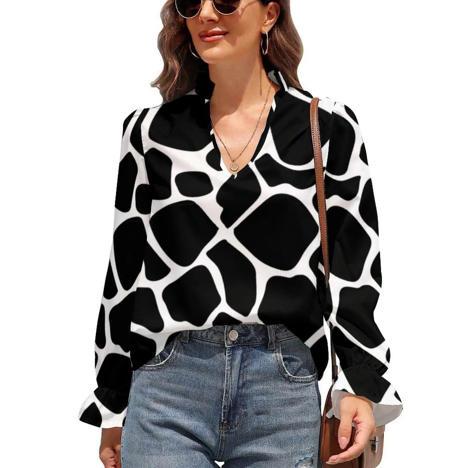 

Black And White Cow Print Chiffon Blouse Long Sleeve Trendy Pattern Spots Pretty Blouses Women V Neck Shirts Spring Graphic Top