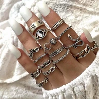 hiphop vintage geometry waves rings set for women men retro punk silver color flower leaf star chain finger ring jewelry