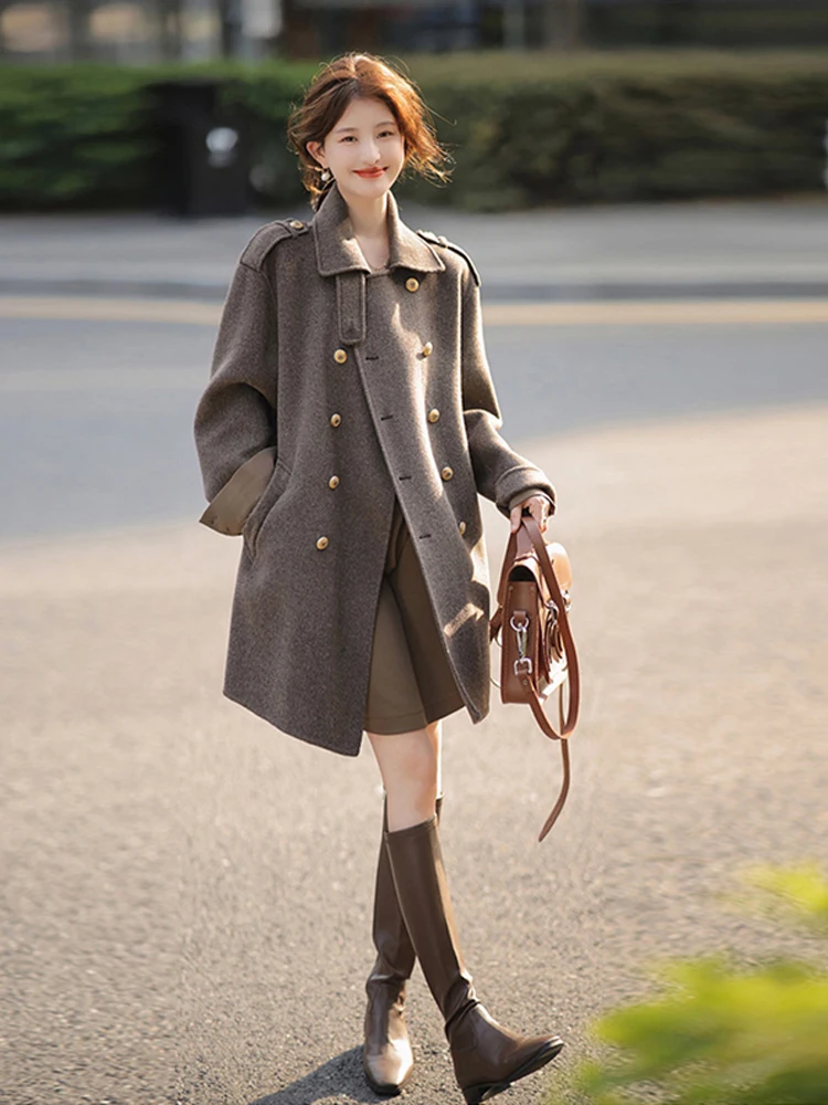 Потеднее осеннее шерстяное пальто Верхняя одежда Женская маленькая костюм в
