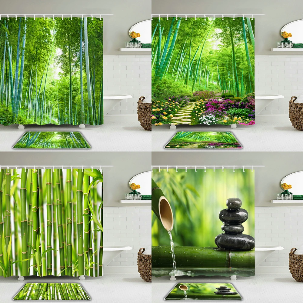 

Занавеска для душа с принтом зеленых растений, Бамбуковая, водостойкая, нескользящая