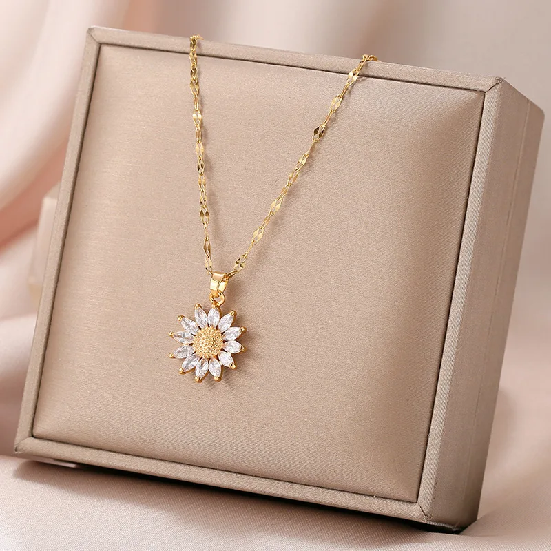 

Gold Plated Sunflower Necklace for Women Jewelry Titanium Steel Zircon Big Pendant Necklace Korea Luxury Chokers Earrings Set