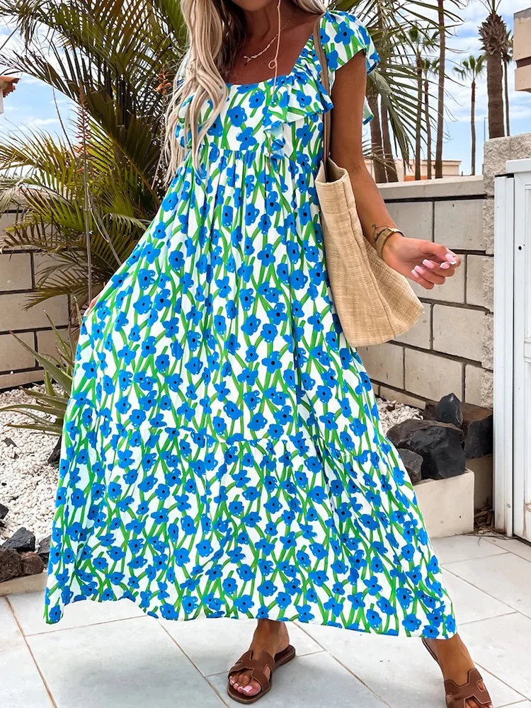 

2022 Summer Square Collar Dresses Dress Sexy Short Sleeve Beach Dress Vintage Women Elegant Floral Print Loose Casual Dresses
