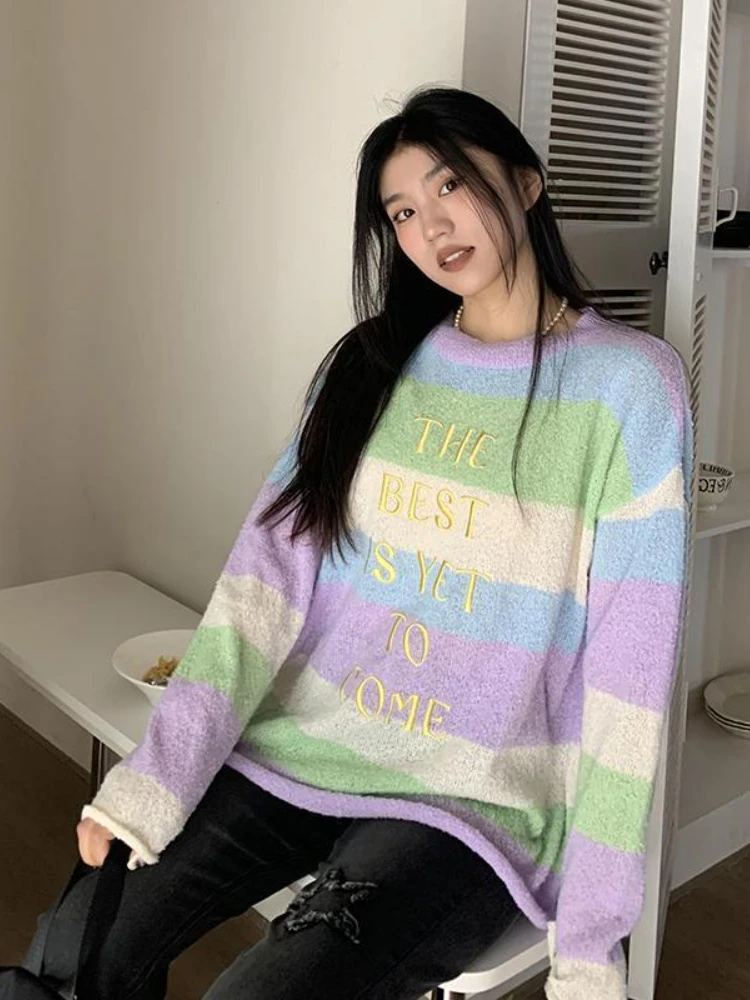 

Deeptown Y2K Harajuku Striped Knitted Sweater Women Vintage Oversized Jumper Lazy Style Casual Long Sleeve Tops Korean Fashion