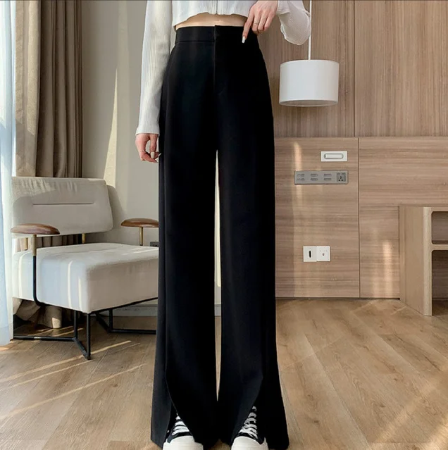 

2022 Faymusty Chic New Flare Pants Women High Waist Solid Straight Pants Office Lady Female Wide Leg Pant Korean Loose Trousers