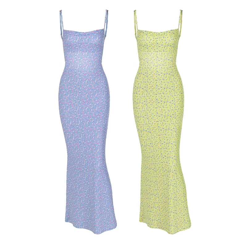 

Women Spaghetti Strap Sexy Cowl Neck Backless Floral A-Line Bodycon Long Dress