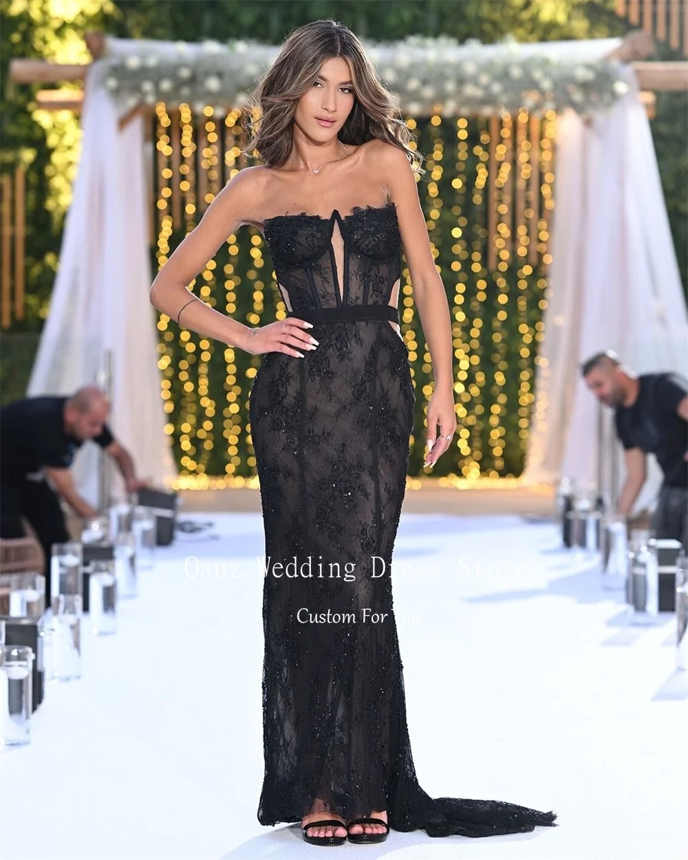 Qanz черные роскошные Выпускные платья Русалка без рукавов кружевные женские для