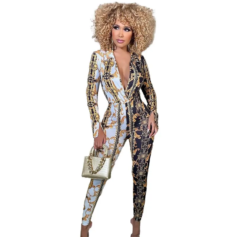 

High Waist Jumpsuit Women Plunge V Neck Full Sleeve Bodysuit Spring Fashion Panelled Street Style Casual Pencil Pants Jumpsuits