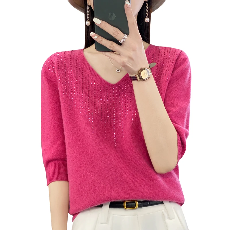 

Ранняя весна 100% чистая кашемировая новая женская одежда бриллиантовый V-образный вырез короткий свободный однотонный топ с полурукавами