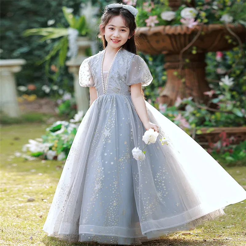 

2022 Children Girls Elegant New Sequined Birthday Party Holiday Princess Lace Dress Kids Teens Luxury Piano Pageant Host Dress