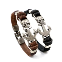 genuine leather cuff bracelet for men retro metal skull achor accessory hook bracelet