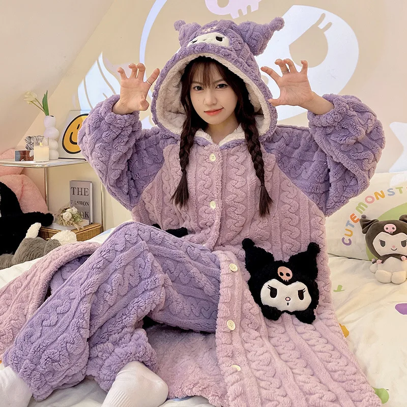 

Kawaii Sanrios Anime Series Cinnamon My Melody Kuromi Pochacco Fall and Winter New Coral Velvet Cartoon Cute Loungewear Suit