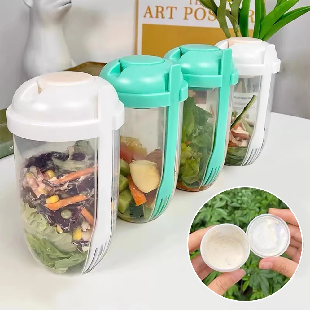 

1L Portable Salad Cup With Fork And Dressing Holder Breakfast Salad Container Meal Shaker Cup Lunch Box Food Storage Oatmeal Cup