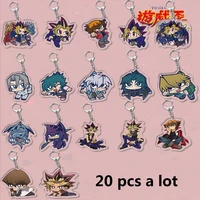 wholesale 20pcs anime yugi muto keychain duel monsters atem figure pendant double sided acrylic keyring cosplay accessories gift