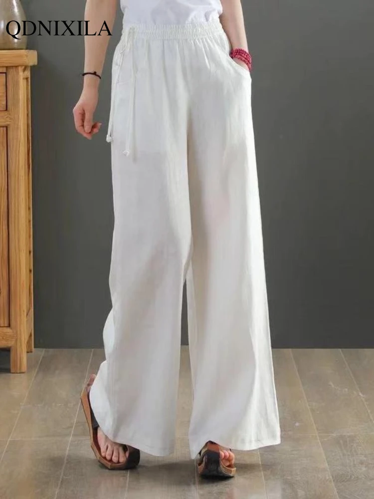 2022 Summer  Chinese Cotton Linen Women's Pants Casual New Loose Straight Pants Literary Vintage Thin Silk Hemp Wide Leg Pants