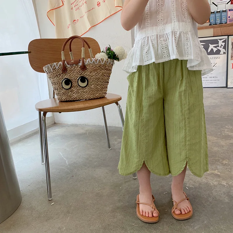 

Брюки для девочек с широкими штанинами 2022 летние тонкие детские жаккардовые повседневные брюки из девяти точек 11-64