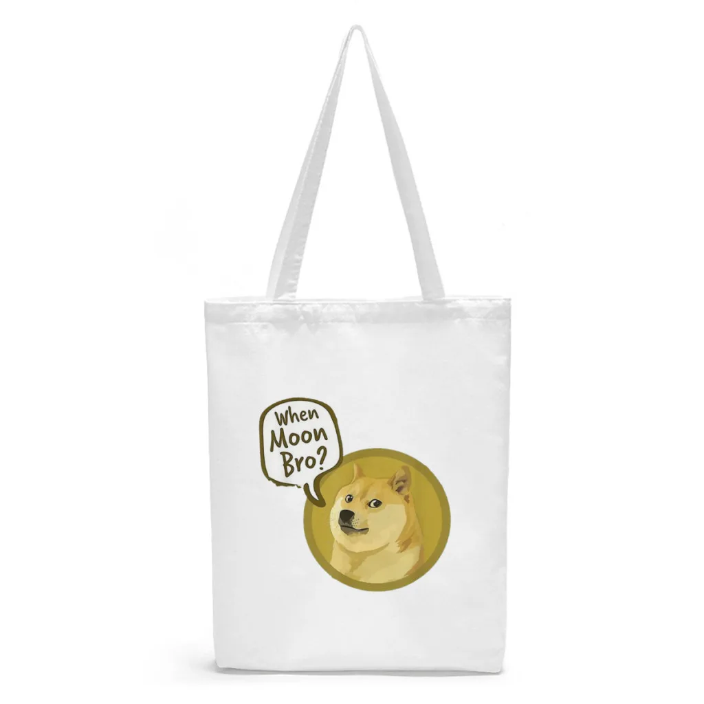 

Dogecoin Moon Bro Canvas Shopper Handbag Crypto Bitcoin Shoulder Bags Students Storage Pocket Fitness Kawaii Pouch Tote Bag