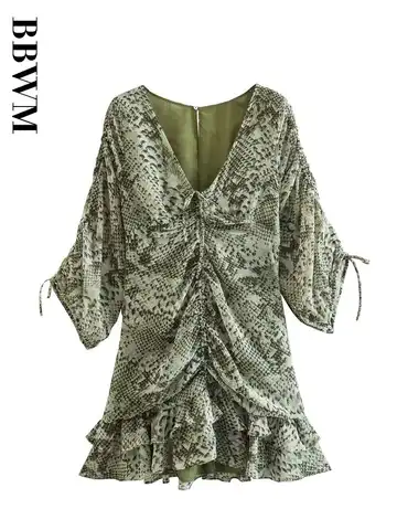 Animal Print Dress Woman Pleated Mini Dress Women Summer Ruffled Hem Mini Dresses 2023 V Neck Tied Slim Chic Female Dresses