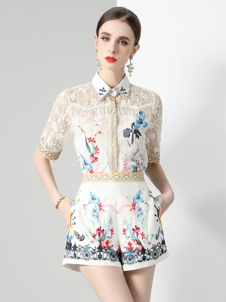 

Summer Shorts 2 Piece Sets Women Outfit Floral Print Top Blouse Matching Conjunto Mujer Suits Holiday Office Runway Ladies 2023